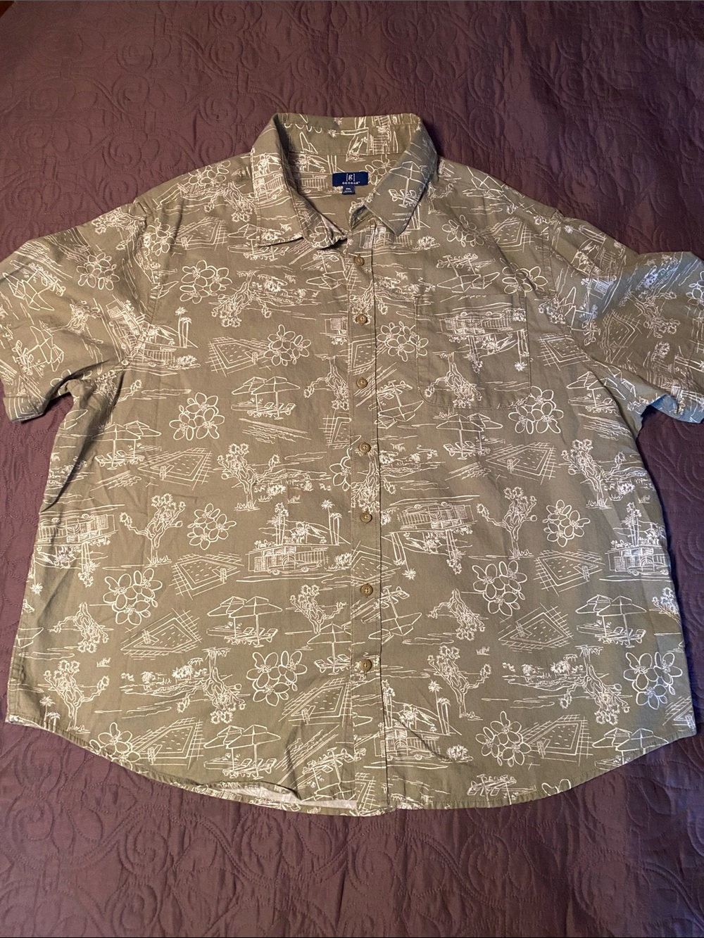 George Olive Green Button-Down Shirt with Cream Sketch Print